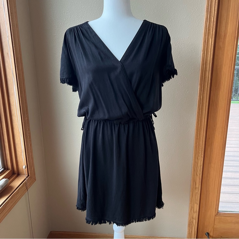 MAVEN WEST Short Sleeve Fray Dress Size M Black Drawstring Waist Wrap Minimalist